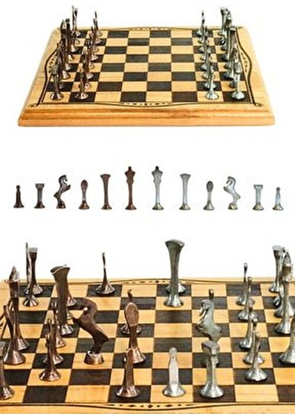MC52 Metal Satranç Takımı | El Yapımı Doğal Ahşap Kayın Tahta | Antik Metal Taşlar modelleri