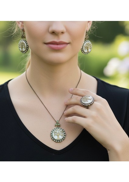 Sedef Doğal Taş Hayat Ağacı Bronz Otantik Set