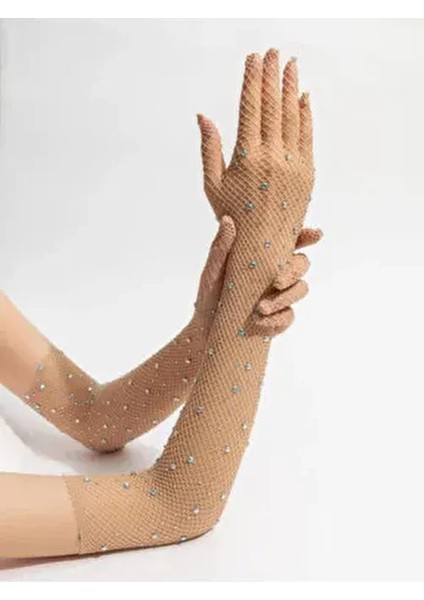 Ten Rengi Uzun Şık Gelin Eldiveni Tül Eldiven Nikah/düğün Eldiveni Taşlı Eldiven Parti Eldiveni