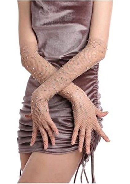 Ten Rengi Uzun Şık Gelin Eldiveni Tül Eldiven Nikah/düğün Eldiveni Taşlı Eldiven Parti Eldiveni fırsatları