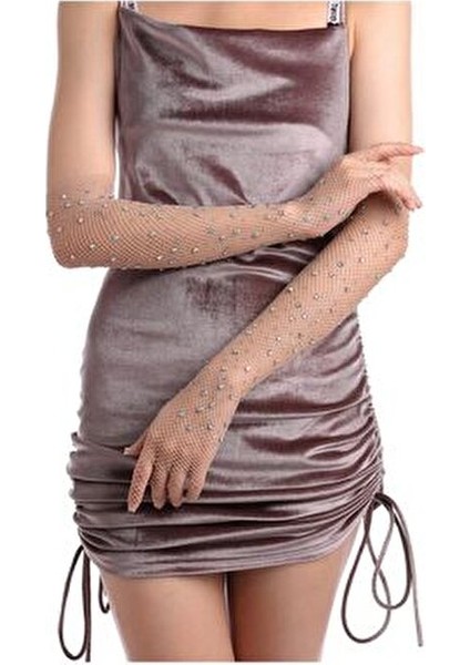 Ten Rengi Uzun Şık Gelin Eldiveni Tül Eldiven Nikah/düğün Eldiveni Taşlı Eldiven Parti Eldiveni