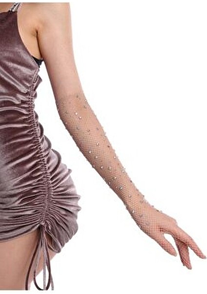 Ten Rengi Uzun Şık Gelin Eldiveni Tül Eldiven Nikah/düğün Eldiveni Taşlı Eldiven Parti Eldiveni