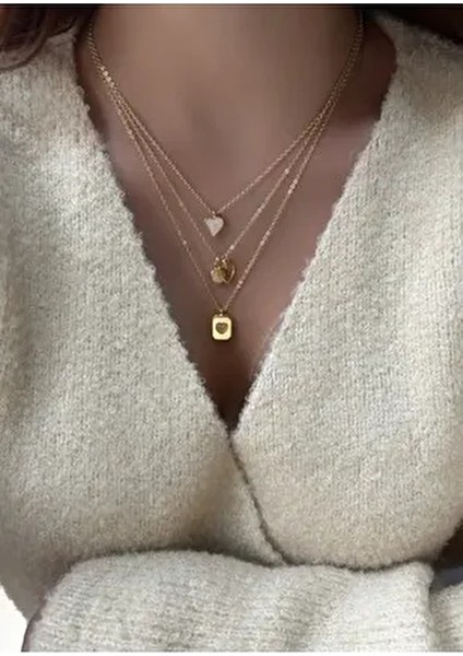 Kadınlar İçin 3lü Kalp Charm Kolye Kombin Pembe Maden Renkli Özel Tasarım