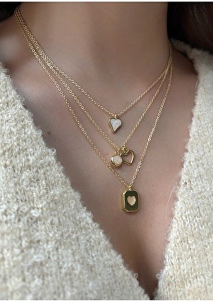 Kadınlar İçin 3lü Kalp Charm Kolye Kombin Pembe Maden Renkli Özel Tasarım modelleri