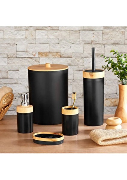 Limpia Bambu Desenli Siyah 5'li Banyo Seti Çöp Kovası, Sıvı Sabunluk, Diş Fırçalık