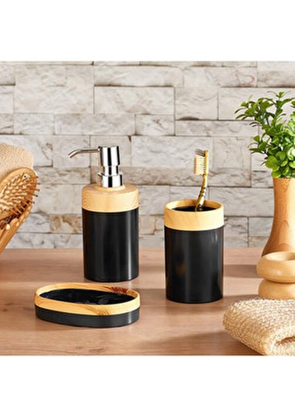 Limpia Bambu Desenli Siyah 5'li Banyo Seti Çöp Kovası, Sıvı Sabunluk, Diş Fırçalık