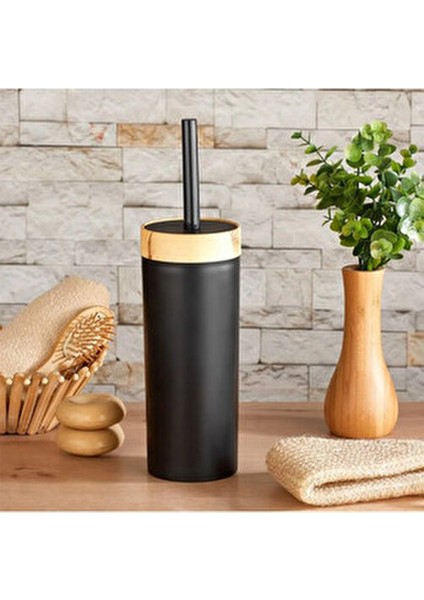 Limpia Bambu Desenli Siyah 5'li Banyo Seti Çöp Kovası, Sıvı Sabunluk, Diş Fırçalık