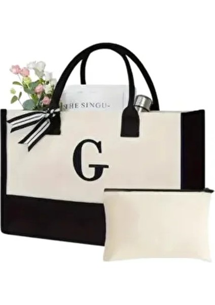 Isminizin Baş Harfi Baskılı Kanvas Kumaş Plaj Çantası - Makyaj Çantası Hediyeli