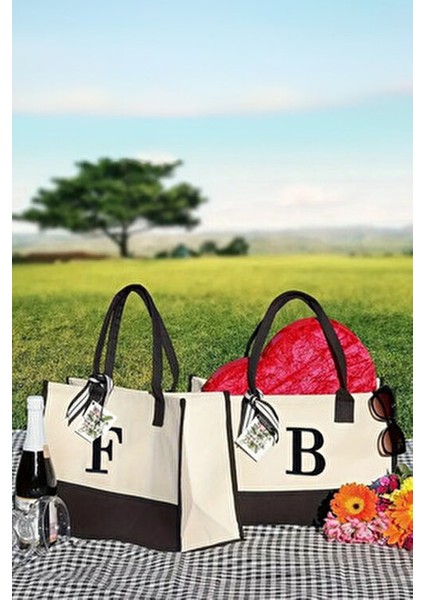 Isminizin Baş Harfi Baskılı Kanvas Kumaş Plaj Çantası - Makyaj Çantası Hediyeli modelleri