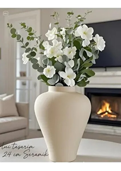 Krem Iskandinav Tarzı Seramik Bohem Büyük Boy Açık Krem Trend Vazo 24 Cm(Güncellendi)