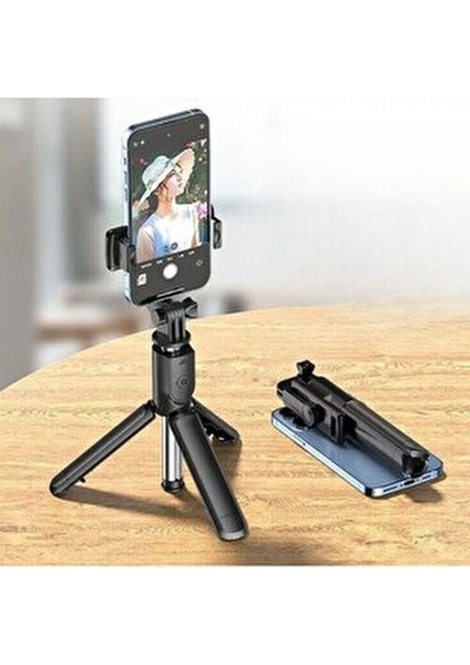 1 Adet Masaüstü Tripod Olabilen Telefon Tutuculu Kablosuz Kumandalı Selfie Çubuğu