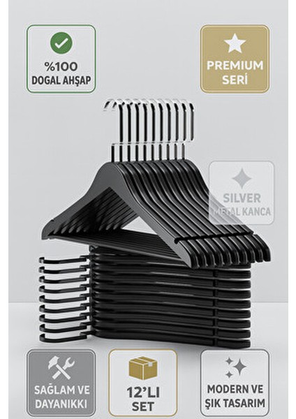 Siyah Ahşap Askı 12 Adet Ultra Lüks Kıyafet Elbise ve Gömlek Askısı Nikel Kanca