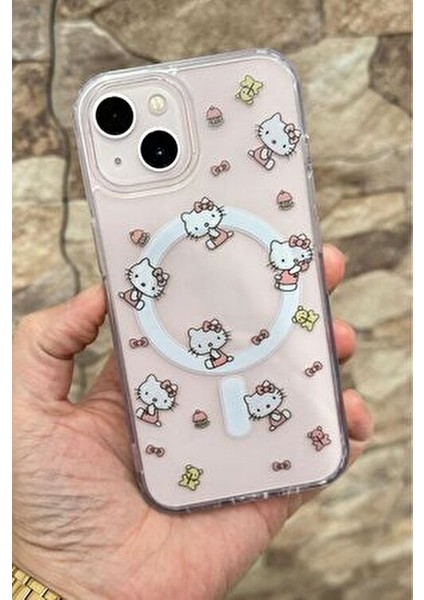 Hello Kitty Desenli Magsafe Özellikli Sert Şeffaf Kılıf iPhone 13-14-15 Uyumlu Silikon