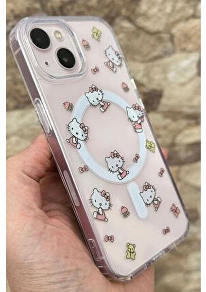 Hello Kitty Desenli Magsafe Özellikli Sert Şeffaf Kılıf iPhone 13-14-15 Uyumlu Silikon modelleri