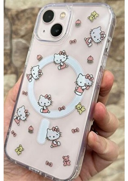 Hello Kitty Desenli Magsafe Özellikli Sert Şeffaf Kılıf iPhone 13-14-15 Uyumlu Silikon fırsatları