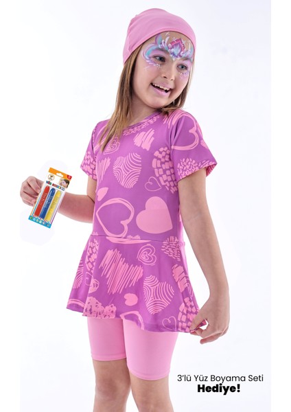 Kalp Desenli Mor Kız Çocuk Boneli Mayo Takımı