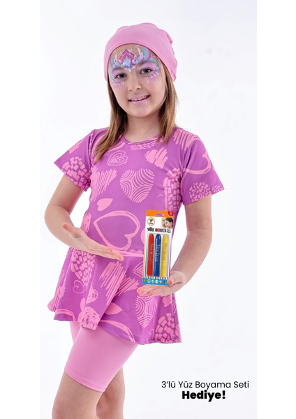 Kalp Desenli Mor Kız Çocuk Boneli Mayo Takımı modelleri