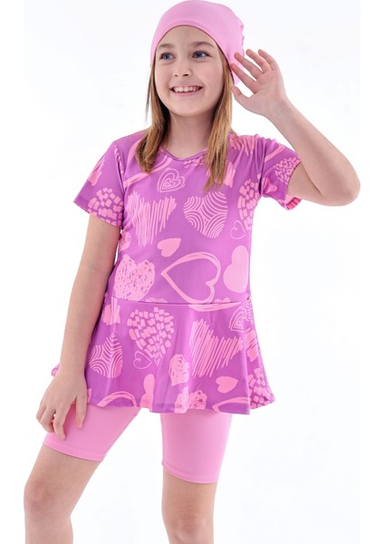 Kalp Desenli Mor Kız Çocuk Boneli Mayo Takımı fırsatları