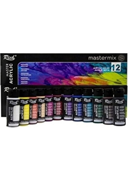 Master Mix Akrilik Boya Seti 12 Li + Rich Profesyonel Karma Fırça Seti 7'li - Set 1 modelleri