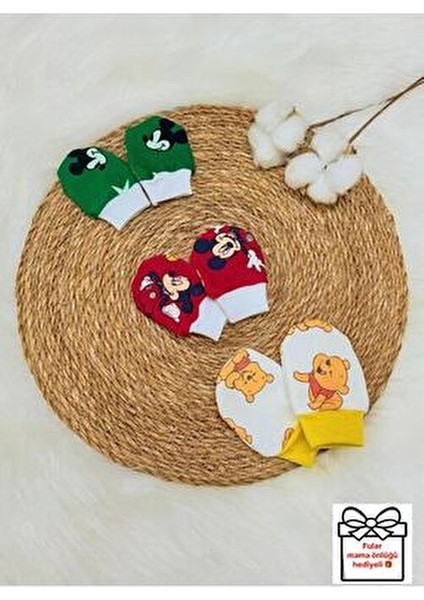 Unisex Bebek Yenidoğan Penye Organik Pamuklu Bebek Eldiveni 3 Çift Set - Mickey ve Winnie modelleri