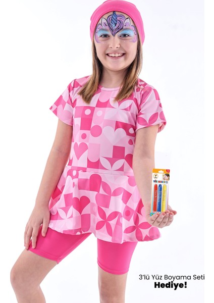 Kalp Desenli Pembe Kız Çocuk Boneli Mayo Takımı