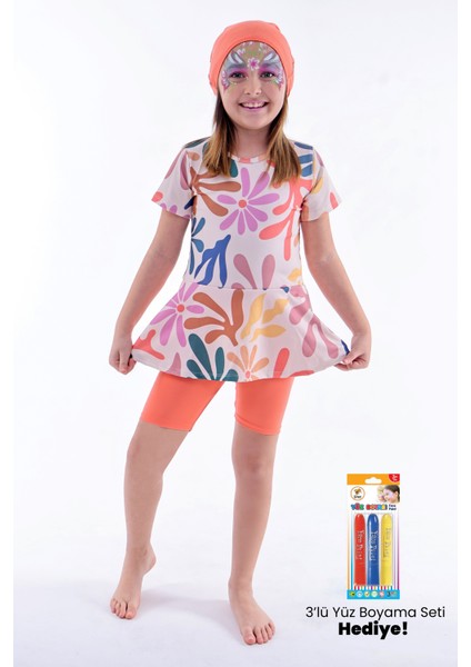 Kalp Desenli Turuncu Kız Çocuk Boneli Mayo Takımı