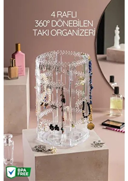 4 Raflı 360° Dönebilen Takı Organizeri Şık Tasarımda Çok Amaçlı Kullanım