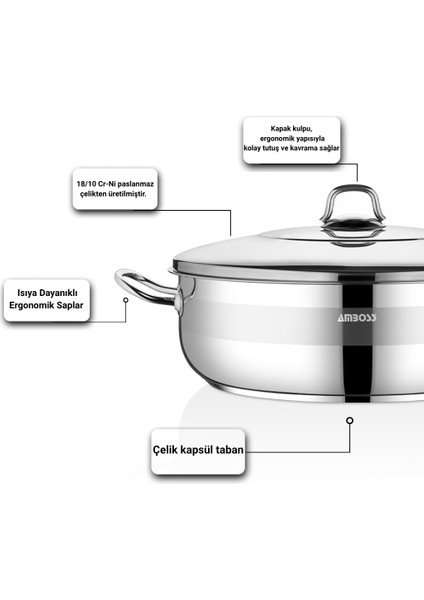 Ambos Saphire Paslanmaz Çelik 34 cm Çelik Kapaklı Basık Tencere fiyatları