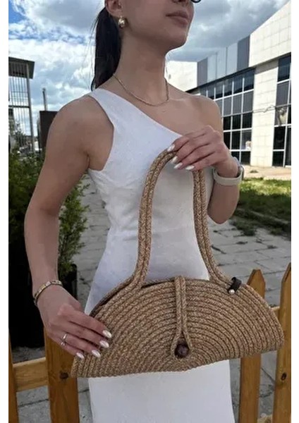 Mia Kadın Omuz Çantası Hasır Materyal Düz Desenli Ergonomik Tasarım Basic Koleksiyon