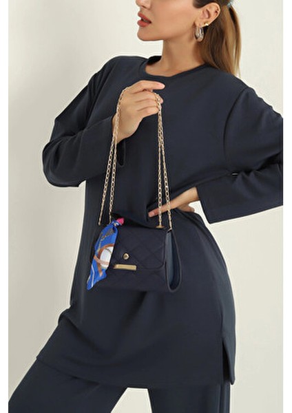 Kapitone Fularlı Zincir Askılı Kadın El ve Omuz Çantası Minimal Kadın Çanta