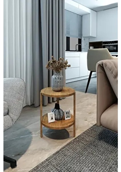 Miray Atlantik Çam 2 Katlı Yuvarlak Ahşap Çok Amaçlı Sehpa / Saksılık-Çiçeklik / Dekoratif Raf