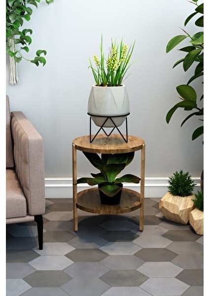 Miray Atlantik Çam 2 Katlı Yuvarlak Ahşap Çok Amaçlı Sehpa / Saksılık-Çiçeklik / Dekoratif Raf modelleri