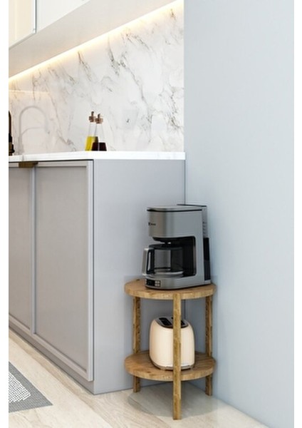 Miray Atlantik Çam 2 Katlı Yuvarlak Ahşap Çok Amaçlı Sehpa / Saksılık-Çiçeklik / Dekoratif Raf