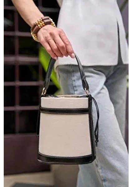 Kanvas- Siyah Kadın Kontrast Dikişli Kova El ve Omuz Çanta