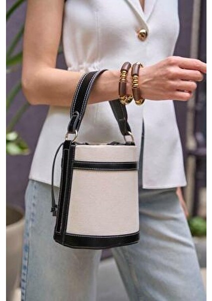 Kanvas- Siyah Kadın Kontrast Dikişli Kova El ve Omuz Çanta fiyatları