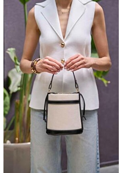 Kanvas- Siyah Kadın Kontrast Dikişli Kova El ve Omuz Çanta modelleri
