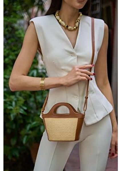 Taba Hasır Kadın Mini Hasır Detaylı Çapraz Çanta