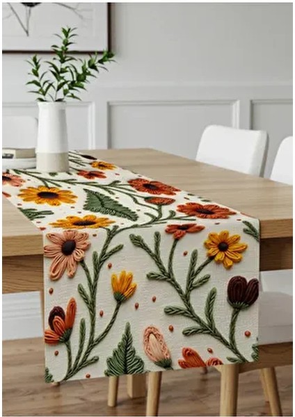 Punch Nakış Desen Dijital Baskılı Sarı Turuncu Sonbahar Temalı Runner Masa Örtüsü 45X100 cm