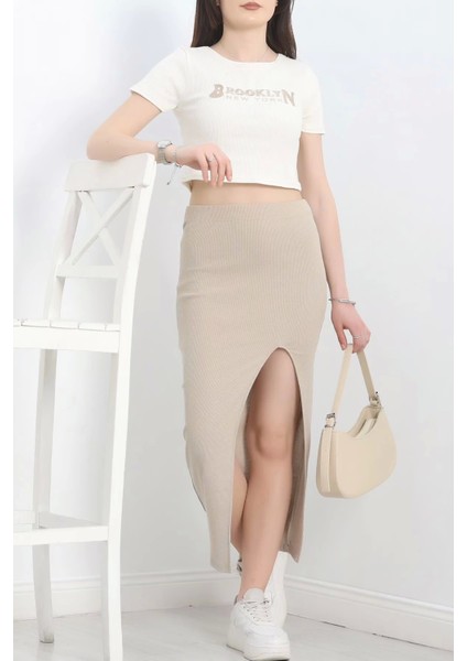 Nakışlı Etekli Takım Bej Beyaz