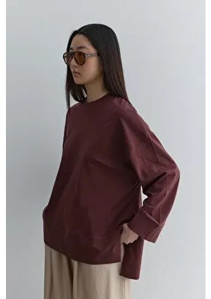 Kalın Katlamalı Sweatshirt Bordo