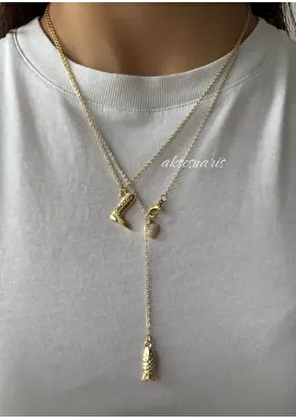 2'li Kovboy Dekolte Charm Gold Kolye Set Kadın Kullanıcılar İçin Sarı Maden Renkli Tasarım