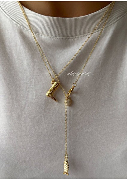 2'li Kovboy Dekolte Charm Gold Kolye Set Kadın Kullanıcılar İçin Sarı Maden Renkli Tasarım fiyatları