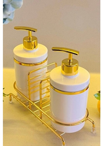 2 Li Sıvı Sabunluk Seti Altın Renk Detaylı, Süngerlikli ve Stantlı
