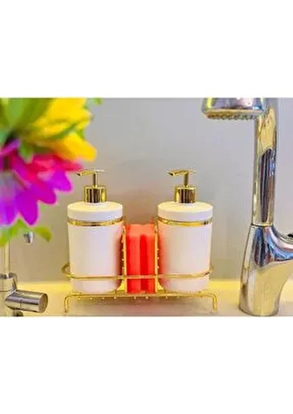 2 Li Sıvı Sabunluk Seti Altın Renk Detaylı, Süngerlikli ve Stantlı fiyatları