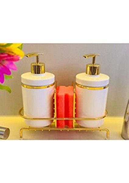 2 Li Sıvı Sabunluk Seti Altın Renk Detaylı, Süngerlikli ve Stantlı modelleri