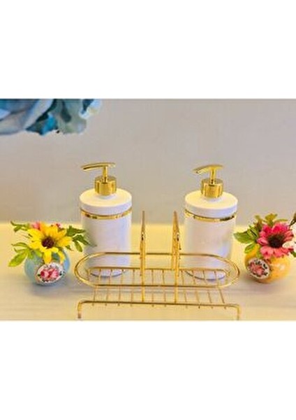 2 Li Sıvı Sabunluk Seti Altın Renk Detaylı, Süngerlikli ve Stantlı indirimleri