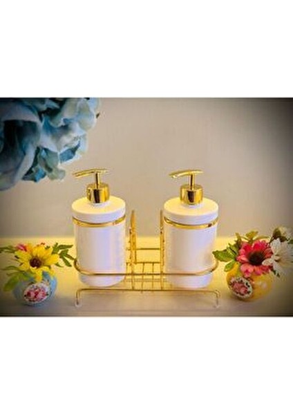 2 Li Sıvı Sabunluk Seti Altın Renk Detaylı, Süngerlikli ve Stantlı