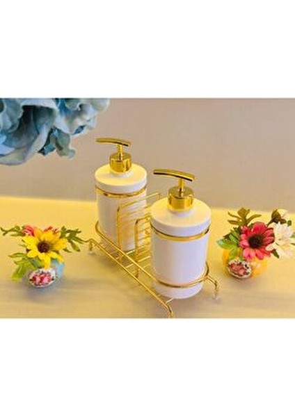 2 Li Sıvı Sabunluk Seti Altın Renk Detaylı, Süngerlikli ve Stantlı