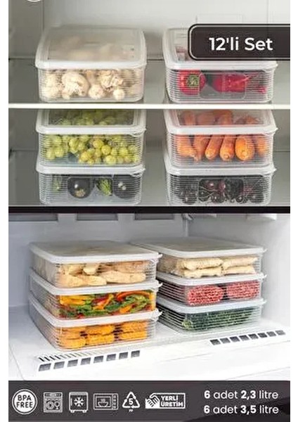 12'li Set 2,3 Lt ve 3,5 Lt Sızdırmaz Göstergeli Dikdörtgen Buzdolabı Buzluk Saklama Kabı Seti Şeffaf