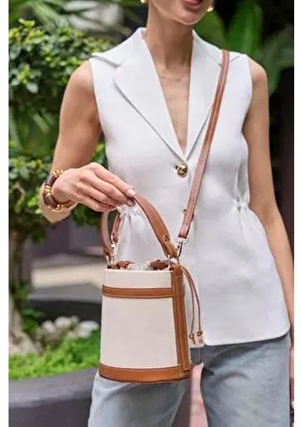 Kanvas-Taba Kadın Kontrast Dikişli Kova El ve Omuz Çanta